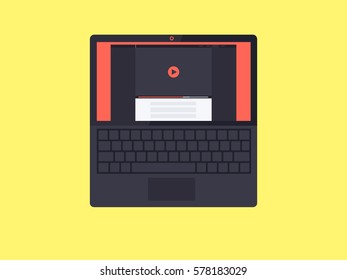 Laptop with video player interface on screen. Flat vector illustration.