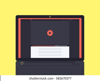 Laptop with video player interface on screen. Flat vector illustration.
