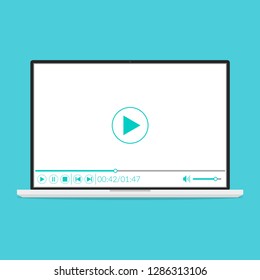 Laptop with video player in minimalistic design on screen. Template design for online video, movies, streaming; web study and learning. Vector illustration