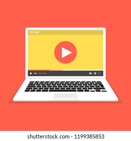 Laptop with video player on screen. Online video, watch movies, educational materials, web courses concepts. Vector illustration.