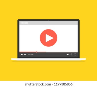 Laptop with video player on screen. Online video, watch movies, educational materials, web courses concepts. Vector illustration.