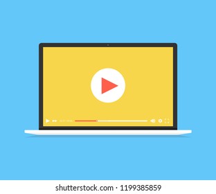 Laptop with video player on screen. Online video, watch movies, educational materials, web courses concepts. Vector illustration.