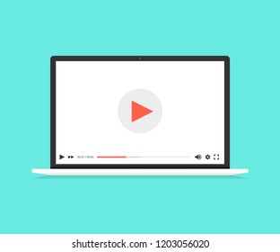 Laptop With Video Player On Screen. Online Video, Watch Movies, Educational Materials, Web Courses Concepts. Vector Illustration.