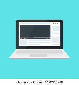Laptop with video player on screen. Online video, watch movies, educational materials, web courses concepts. Vector illustration.