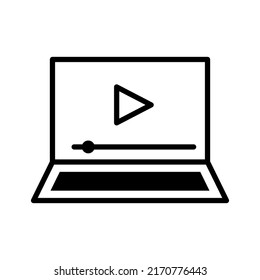 Laptop with video player on screen. Online video, watch movies, educational materials, web courses concepts. Pictogram isolated on a white background.