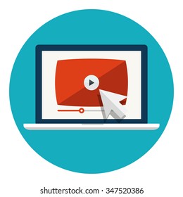 Laptop with video player on screen. Live streaming concept. Notebook with video player. Flat icon in circle isolated on white background. Vector icon