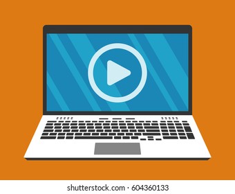 Laptop with video player on the screen. Vector illustration in flat style