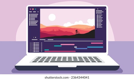  laptop with video processing editor. Video editing software on the monitor display.