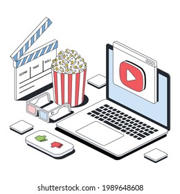 Laptop video server, player window screen, blogging, cinema. Vector 3d line isometric, color web icons, new flat style. Creative design idea for infographics.