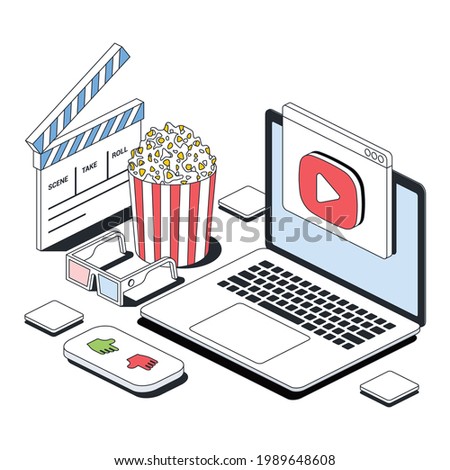 Laptop video server, player window screen, blogging, cinema. Vector 3d line isometric, color web icons, new flat style. Creative design idea for infographics.
