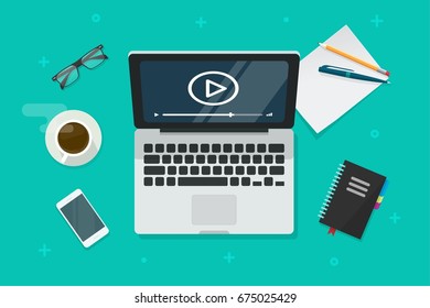 Laptop with video webinar vector illustration, flat cartoon computer screen with online training or learning concept top view, idea of tutorial watching, e-learning courses