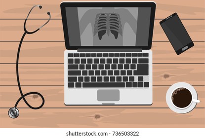 Laptop with view of chest x-ray, stethoscope, smartphone and coffee on wooden table. Healthcare and medical concept