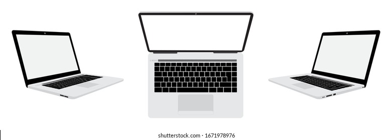 Laptop view on top, right side and left side on white background. EPS.file.