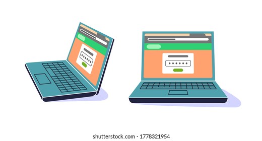 Laptop view with a password box interface. Side and front views. Open laptop in cartoon style.
