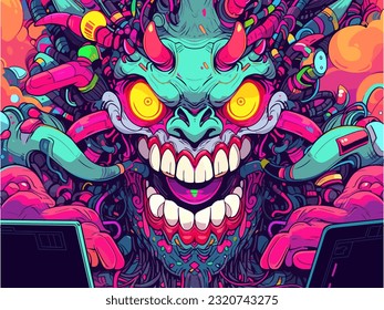 A laptop villain with an evil grin, in the style of vibrant and playful pop art