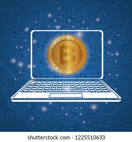 laptop with virtual coin bitcoin