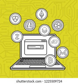 laptop with virtual coins