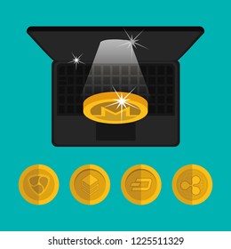 laptop with virtual coins