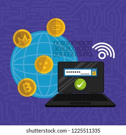 laptop with virtual coins