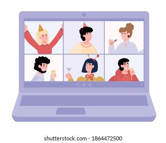 Laptop with virtual party online event on the screen, flat cartoon vector illustration isolated on white background. Distance party celebration in video chat.