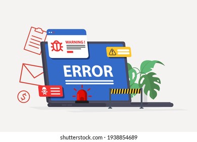 Laptop virus alert. System error warning on a laptop. Emergency alert. Scanning for malware, virus, scam, or bug with a magnifying glass. Antivirus concept. Illustration of internet virus malware