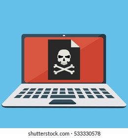Laptop with a virus, hacker attack, skull and bones on screen vector concept