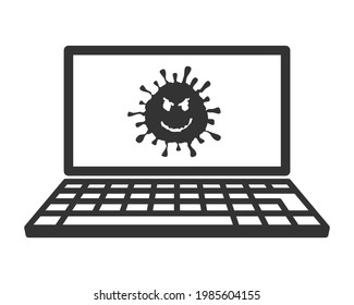 Portátil con icono de virus. Símbolo de equipo portátil. Una emoción cara dura y enojada. Firma del logotipo del dispositivo de Office. Imagen de la ilustración del vector. Aislado sobre fondo blanco.