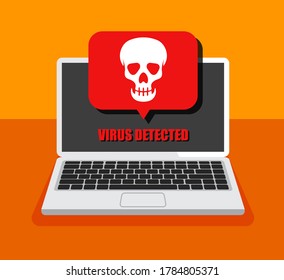 Laptop and virus in it. Hacking mail or computer. Skull icon on a display. Getting a pirated or infected letter. Vector illustration. Isolated.