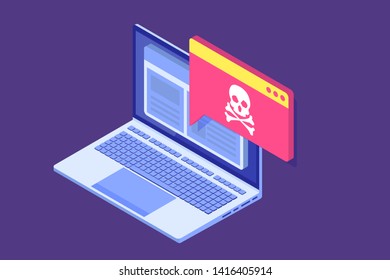 Laptop virus malware trojan notification or alert. Hacker attack vector concept. 