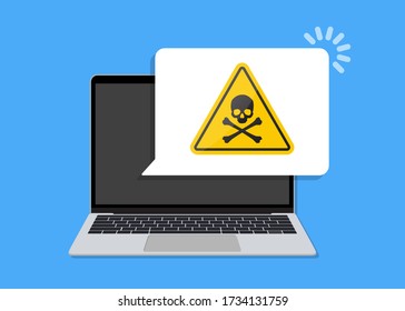 Laptop with virus notification speech bubble in a flat design