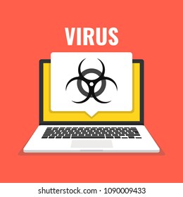 Laptop with virus on the screen. Concept of virus, piracy, hacking and security. Vector illustration.