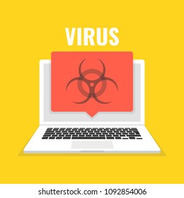 Laptop with virus on the screen. Concept of virus, piracy, hacking and security. Vector illustration.