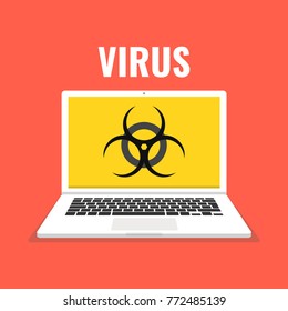 Laptop with virus on the screen. Concept of virus, piracy, hacking and security. Vector illustration.