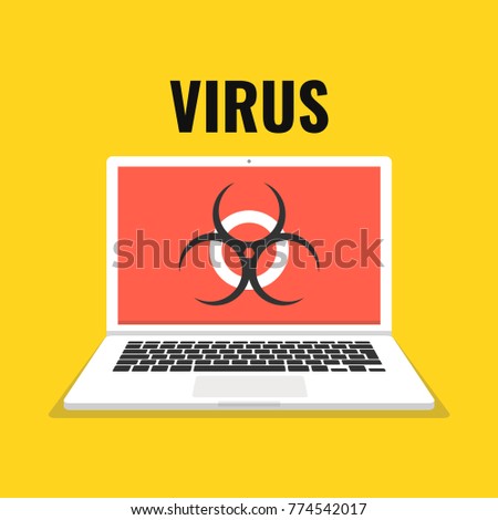 Laptop with virus on the screen. Concept of virus, piracy, hacking and security. Vector illustration.