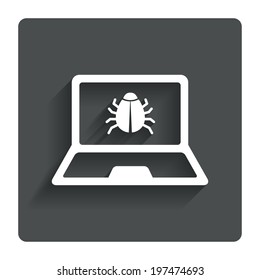 Laptop virus sign icon. Notebook software bug symbol. Gray flat button with shadow. Modern UI website navigation. Vector