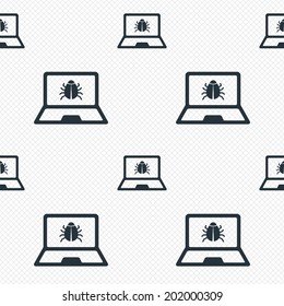 Laptop virus sign icon. Notebook software bug symbol. Seamless grid lines texture. Cells repeating pattern. White texture background. Vector