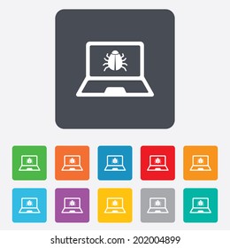 Laptop virus sign icon. Notebook software bug symbol. Rounded squares 11 buttons. Vector