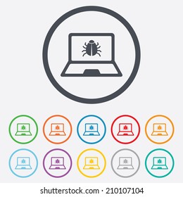 Laptop virus sign icon. Notebook software bug symbol. Round circle buttons with frame. Vector