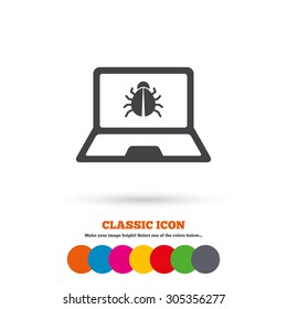 Laptop virus sign icon. Notebook software bug symbol. Classic flat icon. Colored circles. Vector