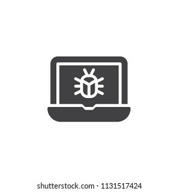 Laptop virus vector icon. filled flat sign for mobile concept and web design. Computer bug simple solid icon. Symbol, logo illustration. Pixel perfect vector graphics