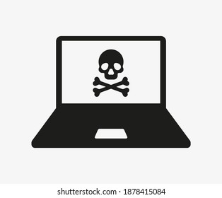 Laptop with virus vector icon isolated on white background. Infected computer symbol. Hacked PC. Skull and crossbones.