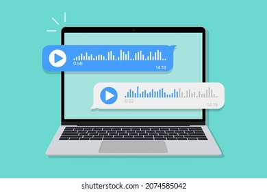 Laptop with voice message chat notification in a flat design