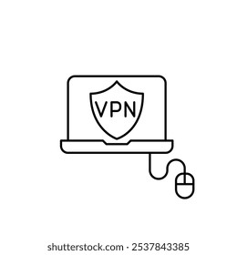 Portátil con escudo VPN en la pantalla y el ratón del ordenador. Navegación segura y anónima por Internet. Mayor privacidad y protección para las actividades en línea. Icono de trazo perfecto y editable del píxel