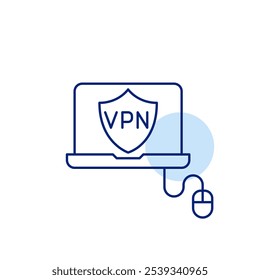 Laptop with VPN shield on screen and computer mouse. Safe and anonymous internet browsing. Enhanced privacy and protection for online activities. Pixel perfect vector icon