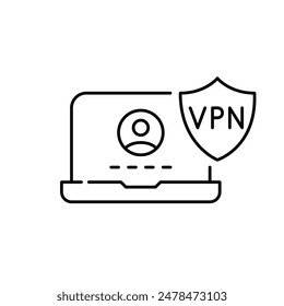 Portátil y escudo VPN. Perfil de usuario seguro, verificación de identidad protegida. Uso seguro de Internet. Icono Vector