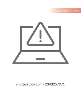 Laptop and warning exclamation mark icon. Data breach, security caution line vector.