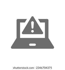 Laptop and warning exclamation mark icon. Data breach, security caution fill vector.
