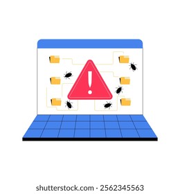 Laptop With Warning Icon And Bugs In Flat Vector Illustration Symbolizing Malware Threat, Data Breach, And Cybersecurity, Isolated On White Background.