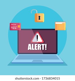laptop with warning notification with icons vector illustration design