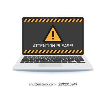 Laptop warning sign. Computer notice, exclamation point.